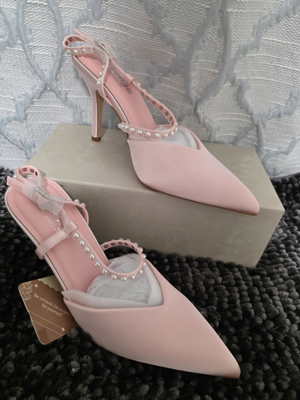 Pearl-Strap Pink Pointed-Toe Slingback Heels